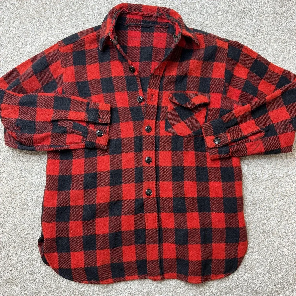 Vintage Buffalo Plaid Shirt Mens Large Red Wool Flannel Long Sleeve Button Up